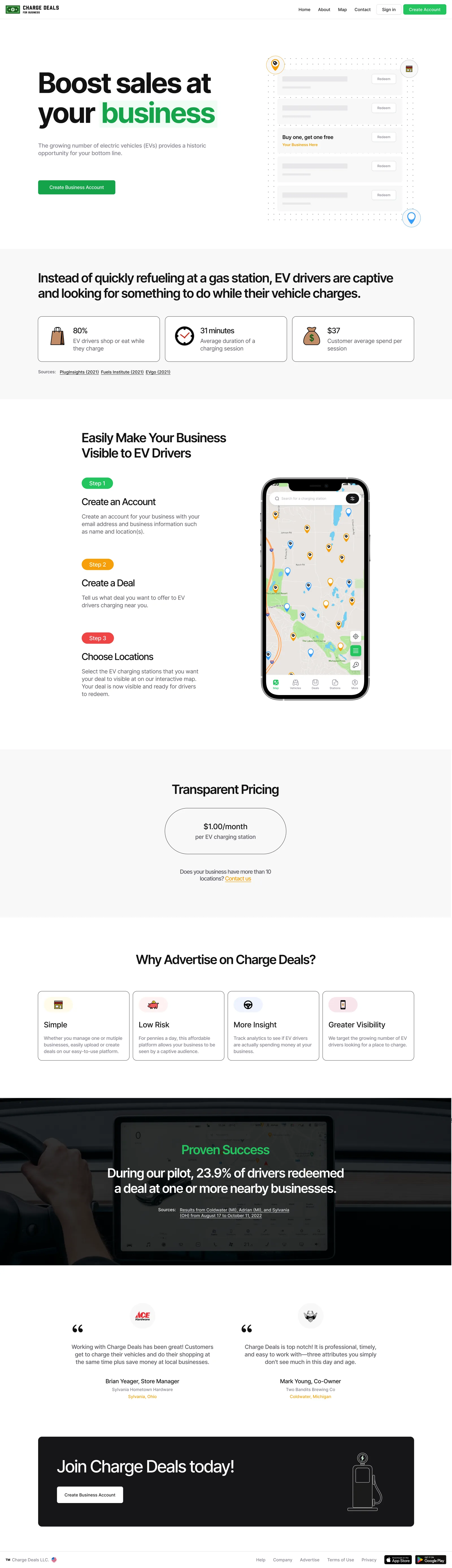 Charge Deals business landing page with map-on-phone mockup